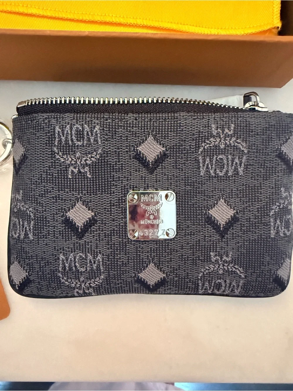 MCM Black Logo Monogram Key Pouch with Silver Hardware